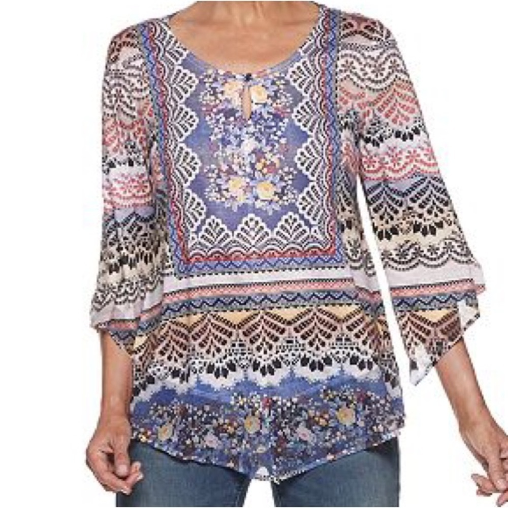 Unity World Wear Medium Semi Sheer Floral Aztec Print Boho Blouse